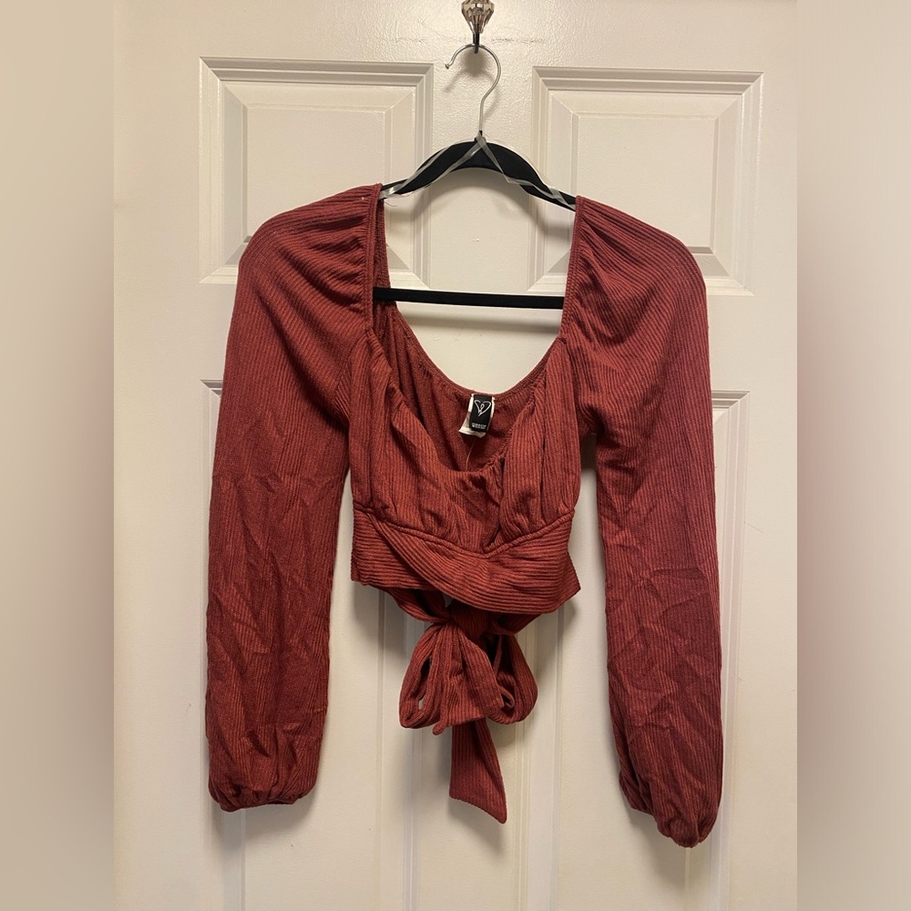 Tie-Back Long Sleeve Crop Top in Rust